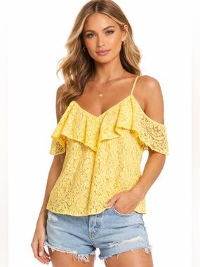 REVOLVE WAYF Cold Shoulder Yellow Lace Ruffle Top Size Small